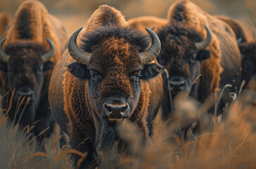 Canvas Print - group of bison in the tall grass