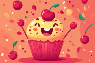 Wall Mural - Flat illustration of a cheerful cherry popover pastry dessert character, with a happy face and cherry on top, surrounded by whimsical cherry-themed decorations