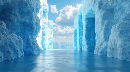 Wall Mural - A blue and white image of a tunnel with a blue ocean in the background