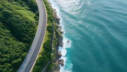 The winding coastal road contrasts with the blue sea and dense forests.