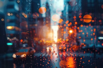 Wall Mural - Rainy city lights at dusk