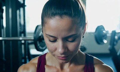 Wall Mural - Focused Young Woman Lifting Weights in a Gym