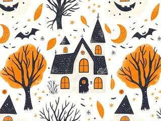 Enchanting Haunted House Pattern in Whimsical Magazine Style for Halloween Decor and Design