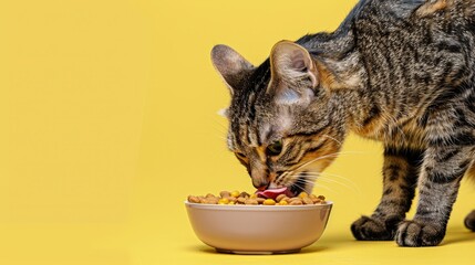 Contented Cat Licking Lips After Meal in Pastel Yellow Setting