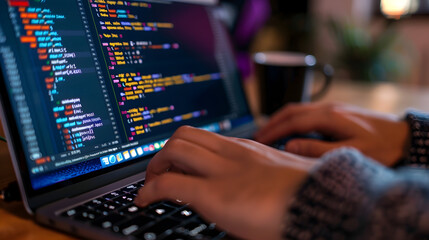 Close-up Photo of Hands Typing on Laptop with Code Displayed on Screen