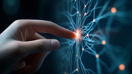 Wall Mural - finger touching electric spark, creating neural connection patterns on dark background, symbolizing 