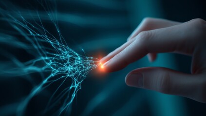 Wall Mural - finger touching electric spark, creating neural connection patterns on dark background, symbolizing 
