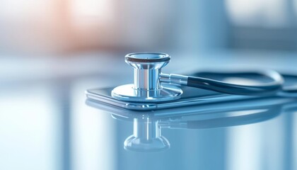 A chrome stethoscope lies on a reflective surface, suggesting the concept of modern healthcare or technology in medicine.