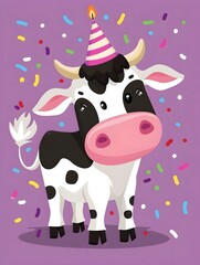 Wall Mural - Cute Cartoon Birthday Cow on a Purple Background with Space for Copy