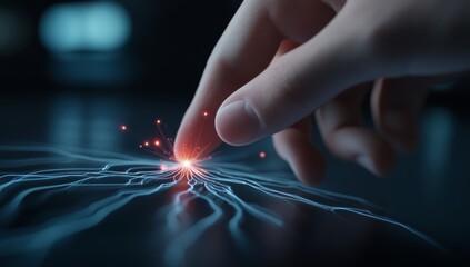Wall Mural - finger touching electric spark, creating neural connection patterns on dark background, symbolizing 