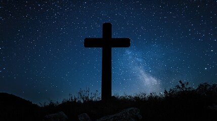 a cross silhouetted against the night sky, with stars twinkling in the background, symbolizing hope 