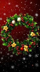 Wall Mural - Christmas Wreath with Snowflakes and Red Berries