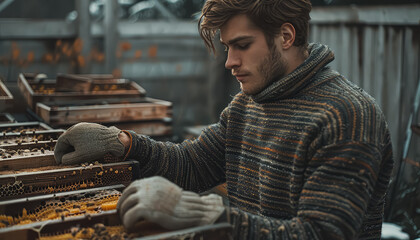 Poster - A man is sitting in front of a table with a box of yellow objects