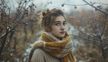 Sticker - A woman wearing a scarf and a ponytail stands in a field of trees