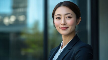 Wall Mural - An Asian woman in a suit and tie, smiling confidently at the camera in a well-lit studio, with a business background.