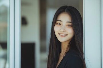 Wall Mural - An Asian woman in a suit and tie, smiling confidently at the camera in a well-lit studio, with a business background.