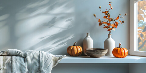 Home interior with pastel grey blue wall and a small floating shelf featuring autumn decor elements. Seasonal design with copy space.