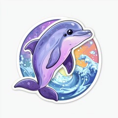 Sticker - Cartoon Dolphin Jumping Over Ocean Waves