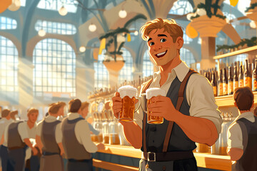 Wall Mural - Men holding mug with cold fresh golden beer with crowd of people in beer garden in background. Craft beer on glass on Oktoberfest, international beer day, St. Patrick's day celebration in pub or bar