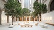 © lililia - The sunny square features elegant beige columns and seating areas with traditional Emirati houses in the background
