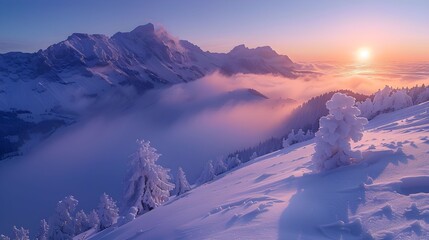 Wall Mural - Sunrise over snow-covered mountains with mist in the valleys