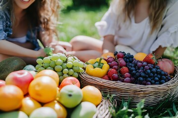 Wall Mural - Two women sitting on the grass with a basket of fruits in front of them. The basket contains apples, oranges, grapes, and strawberries. Scene is relaxed and cheerful