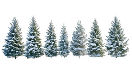 Set of fir trees, snow-dusted and stately, isolated on white background