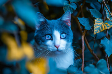 Poster - A gray and white cat with blue eyes sitting in a bush