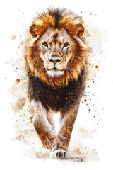 Wall Mural - a majestic lion walking towards the camera in a dusty landscape with trees in the background. a blur
