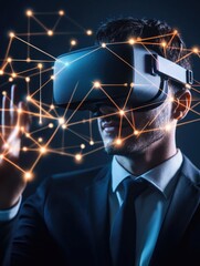 Poster - Man using virtual reality goggles with neural interface connection.