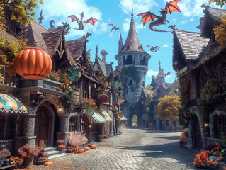 A fantasy scene with a castle and a dragon flying over it. The castle is surrounded by buildings and there are many pumpkins hanging from the buildings. Scene is whimsical and magical