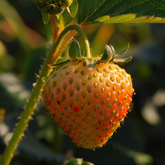 strawberry fruit close-up unripe garden green leaves stem nature plant agriculture organic outdoor fresh farming botany berry 