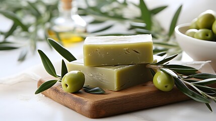 Aromatic natural soap. Green handmade soap bars with green olives and olive tree leaves on a wooden board