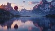 © Surachetsh - A hot air balloon with bright hues sails over a peaceful mountain landscape, complete with snow-capped summits, rich green forests, and a reflective lake beneath a cloudless sky