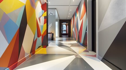 Geometric Floor and Wall Design in a Modern Hallway