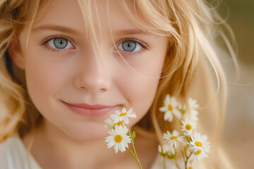 Sticker - A young girl with blue eyes holding a bunch of daisies.