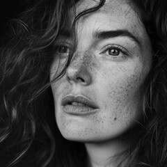 woman portrait black and white freckles curly hair face closeup expression emotion beauty monochrome texture natural soft light intensity depth contemplation 