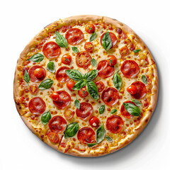 pizza pepperoni cheese basil tomatoes crust italian food meal dish delicious toppings herbs gourmet lunch dinner restaurant cuisine homemade baked 