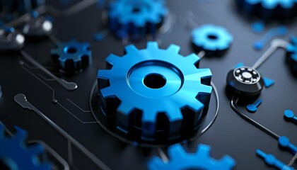 Close-up of blue metal gears interlocked on a black circuit board, representing technology, industry, and automation.