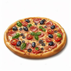 pizza food pepperoni olives cheese tomato basil crust baked italian cuisine meal dinner vegetarian toppings 