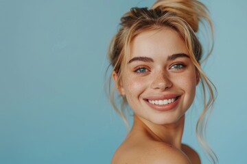 Skincare, haircare, and gradient backdrop portrait of woman with smile, blonde hair, and happiness. Health, wellness, cheerful, lovely young girl with clean, radiant skin