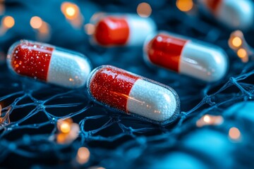 Poster - Red and White Capsules Illuminated on a Dark Tech Enhanced Surface