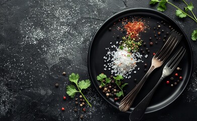 Wall Mural - Black plate with cutlery and salt on a dark background, top view. Flat lay for menu design or 