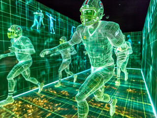 Wall Mural - A group of football players are running in a green room. The players are wearing helmets and jerseys