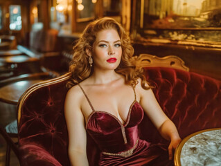 Wall Mural - A woman in a red dress sits on a couch in a restaurant. She is wearing red lipstick and has her hair in a bun. The scene is set in a cozy, intimate atmosphere