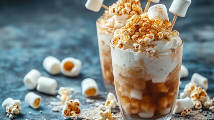 Ice cream float with marshmallow soda, garnished with popcorn and a toasted marshmallow skewer, ice cream float popcorn marshmallow, retro dessert creation