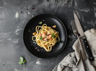 Wall Mural - Photo of Fettuccine with P Florida misto on a black plate in a top view, isolated to the right side is a fork 