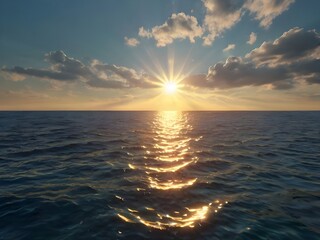 Sun illuminating the sea. A beautiful sun emanating a ray of light on the sea. Real 4K Image.