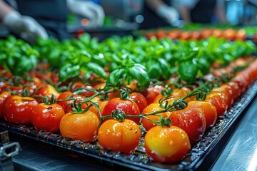 Wall Mural - Close-up of Red and Yellow Tomatoes with Basil on a Metal Tray