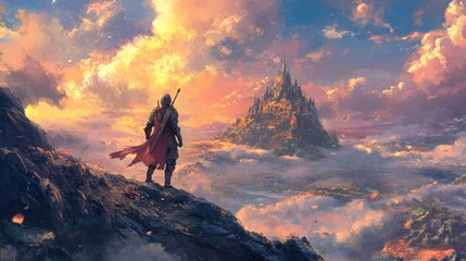 A lone knight stands atop a mountain, gazing upon a majestic castle in the clouds.